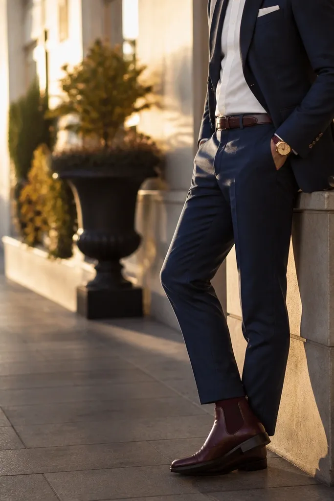 A navy suit worn with burgundy leather Chelsea boots. The trouser hem shows a neat half break. A crisp white dress shirt and a white pocket square sit in the jacket pocket. The belt is burgundy, and socks match the boots.