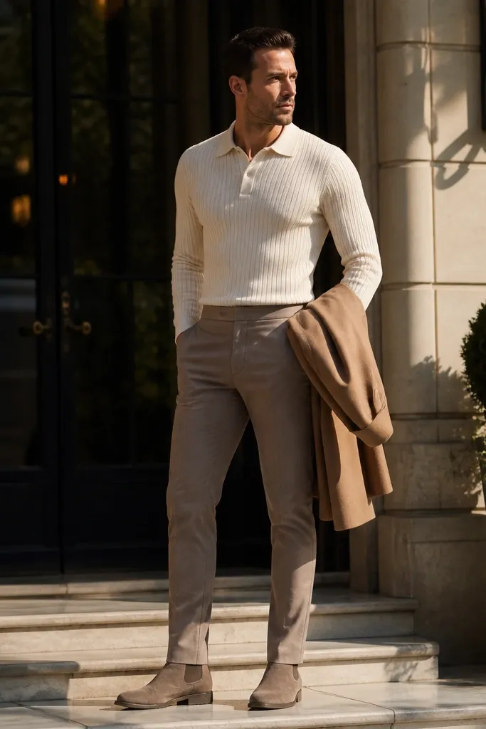 Taupe suede Chelsea boots paired with cream knit polo and tailored chinos. The chinos have a half break and the boot shaft is visible. A light beige blazer is draped over one shoulder, with a matching belt and neutral socks.