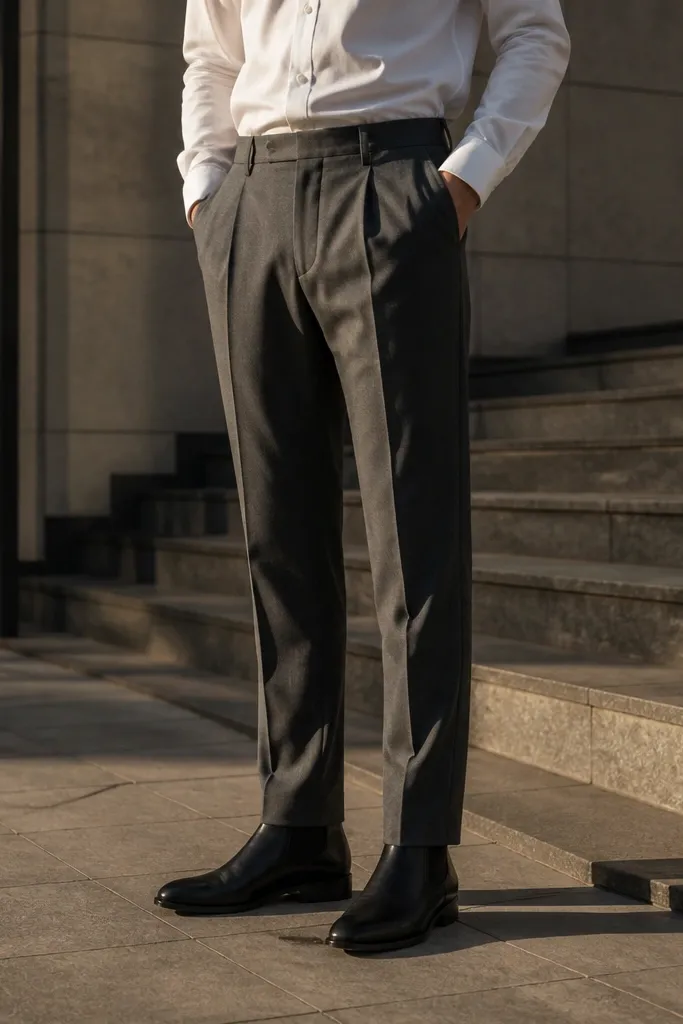 A modern formal outfit with black Chelsea boots and a white dress shirt. The trousers are medium grey and pleated, with a clean break that avoids bunching. A slim black belt and a simple overcoat frame the look.