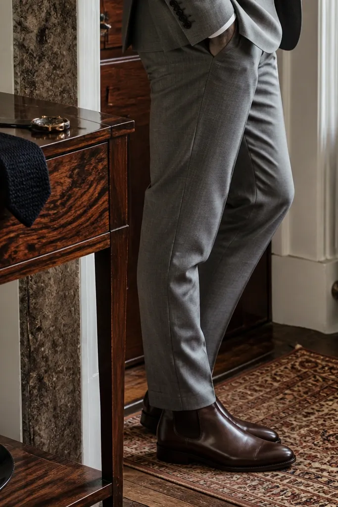 A light grey suit jacket paired with chocolate leather Chelsea boots. The trousers show a half break. A dark knit tie and white shirt appear, with a chocolate belt and socks matching the boots.