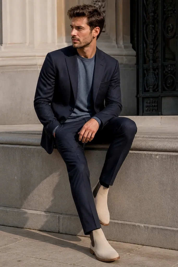 Light tan or cream Chelsea boots worn with navy trousers. The outfit includes a short navy blazer that hits around the mid-hip. A white shirt is tucked in, and the belt matches the boot colour. Socks are light tan and thin.