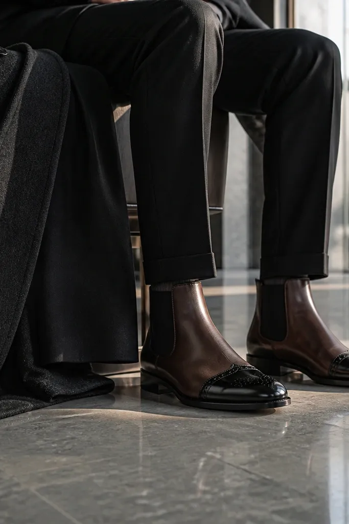 Two-tone Chelsea boots with a darker toe cap and lighter body leather are worn with black trousers. A charcoal wool coat falls to mid-thigh. The hem has a clean break and the coat collar is visible. A black turtleneck and minimal accessories complete the look.