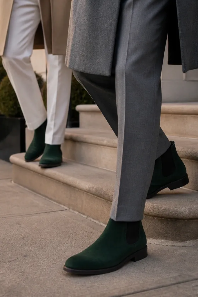 Forest green suede Chelsea boots with a low shine finish, elastic side panels, and a slim stacked heel. Outfit shows a crisp white oxford button-down tucked into mid-grey wool flannel trousers with a clean hem break. A dark brown belt matches the boots. Soft natural light highlights the boot nap and the matte weave of the trousers.