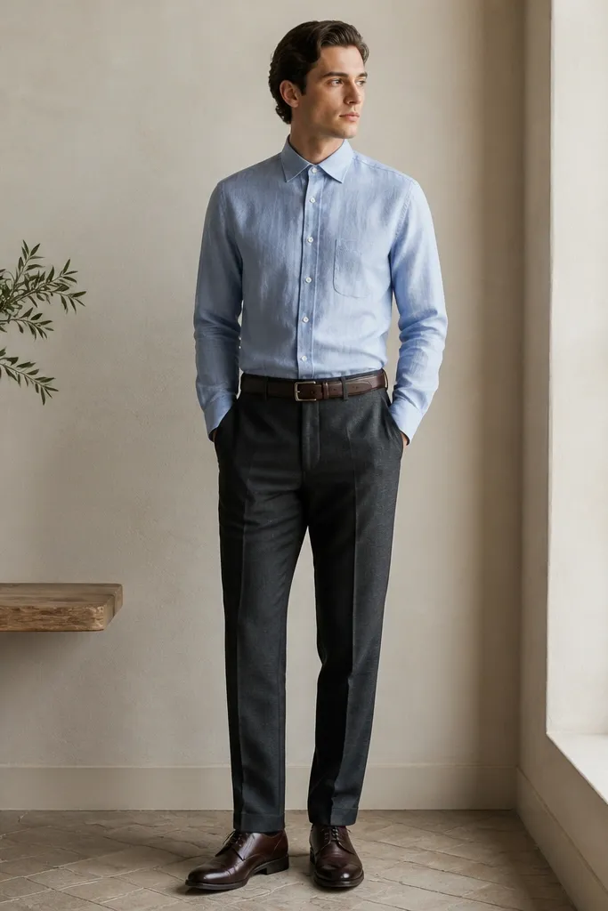 A men's outfit photo: light blue linen shirt with top button done, sleeves down, tucked into charcoal trousers. No jacket. Dark brown oxblood leather derbies and a slim belt. The shirt has a subtle vertical texture and a clean collar line.