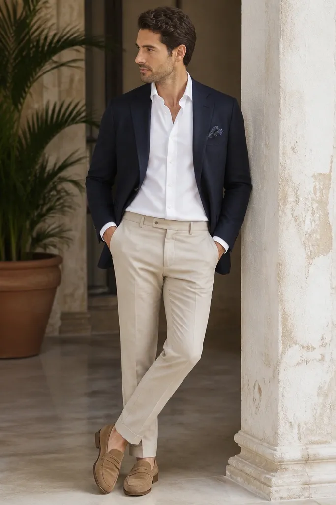 A men's outfit photo: crisp white linen shirt under a navy blazer, sleeves cuffed slightly, no tie. The shirt is tucked neatly, with a clean spread collar. Tan suede loafers and a navy pocket square peek from the blazer pocket.