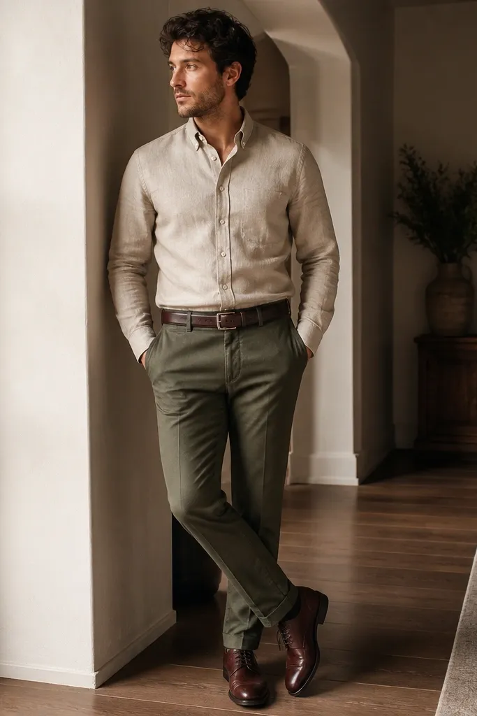 A men's outfit photo: stone-colored linen button-up with sleeves down, tucked into olive tailored chinos. Oxblood leather shoes and a dark brown leather belt. The shirt shows natural linen texture under indoor lighting.