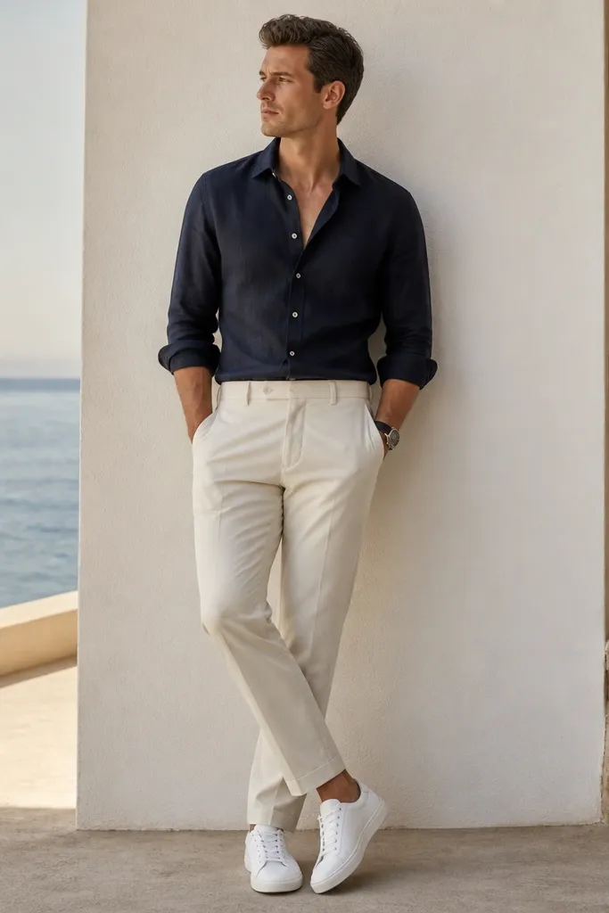 A men's outfit photo: navy linen shirt with a spread collar, tucked into ecru/cream trousers. White low-top sneakers with no scuffs. Minimal accessories and a watch with a dark strap.