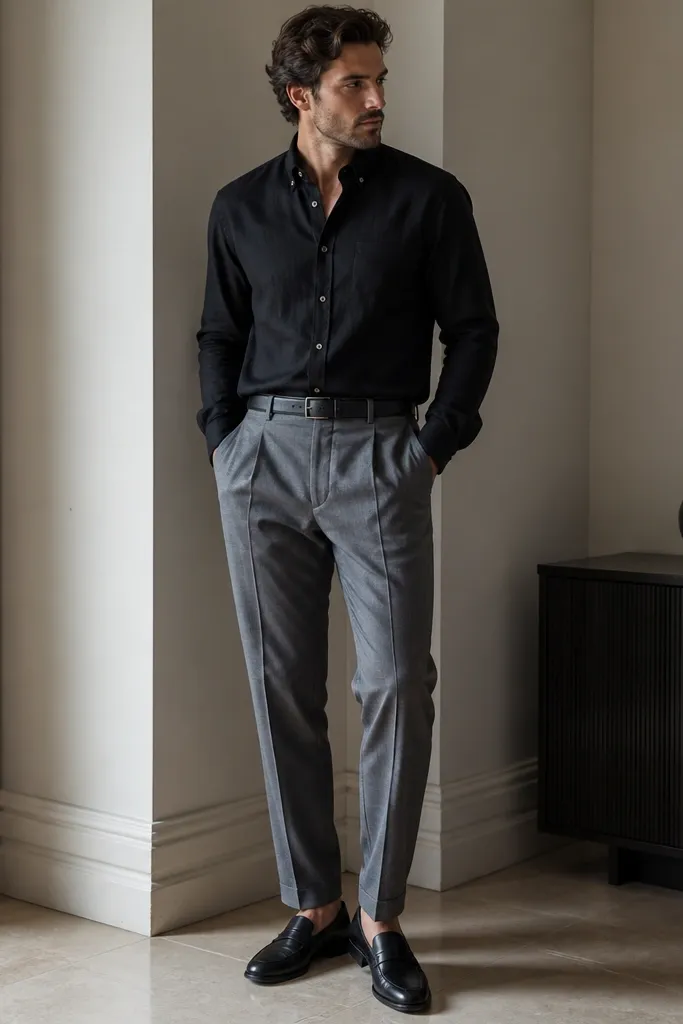 A men's outfit photo: black linen shirt with a button-down collar, tucked into medium gray wool trousers with a slight sheen. Black leather loafers and a matte black belt. Lighting is indoor and shows the linen texture.
