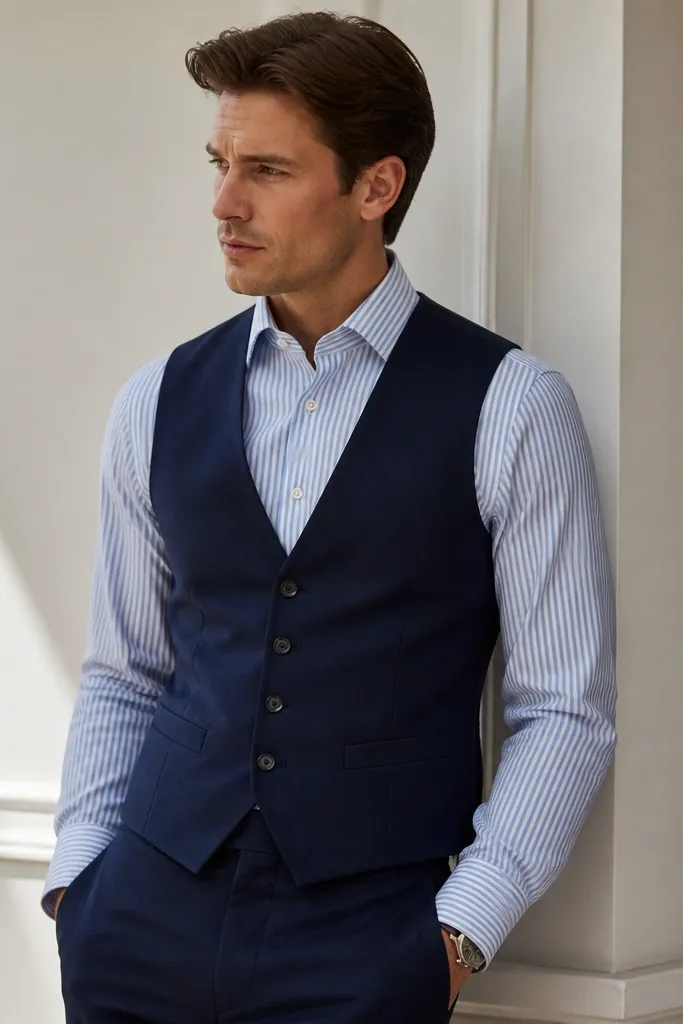 A men's outfit photo: a pale blue and white striped linen shirt with a structured collar, worn under a navy suit vest. The shirt is buttoned and tucked, with matching navy trousers partially visible. A small watch peeks at the cuff.