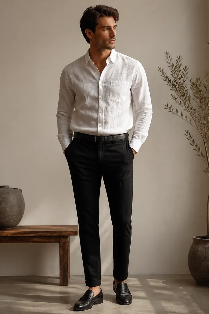 A men's outfit photo: white linen shirt with a clean spread collar, tucked into black chinos with a slim taper. Black leather loafers and a thin black belt. The shirt is slightly wrinkled but collar and cuffs look pressed.