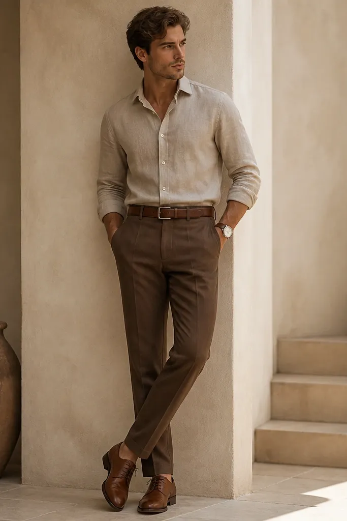 A men's outfit photo: tan linen shirt with a structured collar, tucked into medium brown tailored trousers. Matching brown leather belt and leather shoes. A simple watch with a tan strap sits against the shirt cuff.