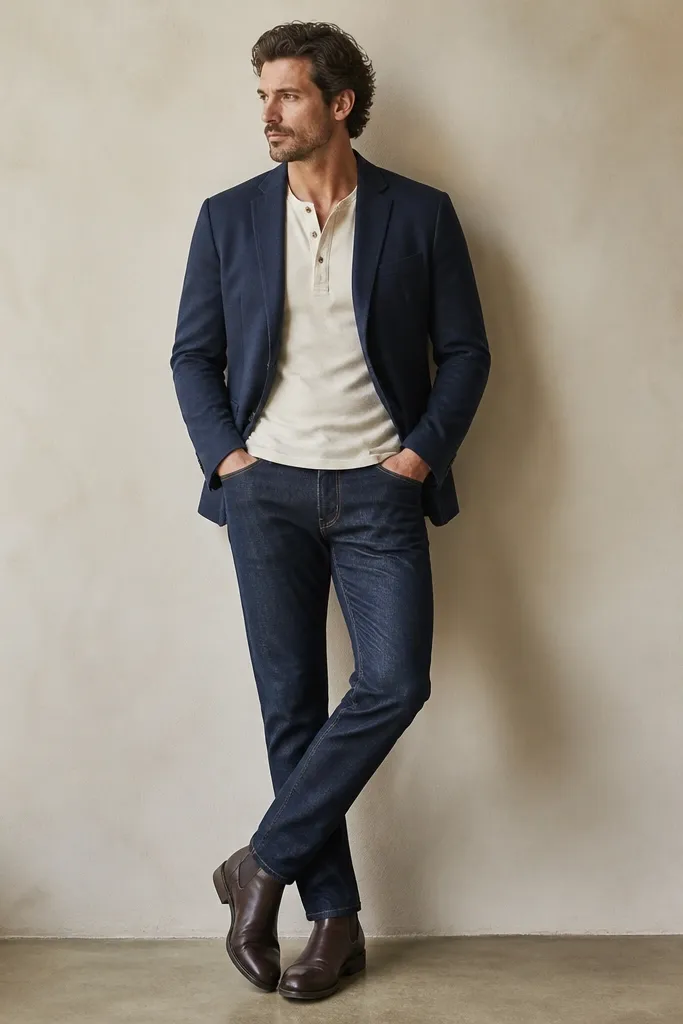 A men's outfit photo: navy blazer over a linen henley in off-white, sleeves down. Dark indigo jeans with a clean hem and leather boots in dark brown. No tie, but the collar area looks tidy.