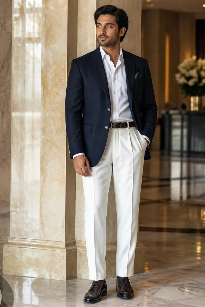 Navy blazer with bright white pleated trousers and brown leather loafers