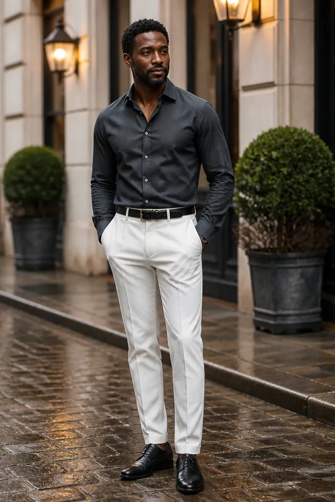Charcoal Oxford shirt with white tapered wool pants and black lace-up shoes