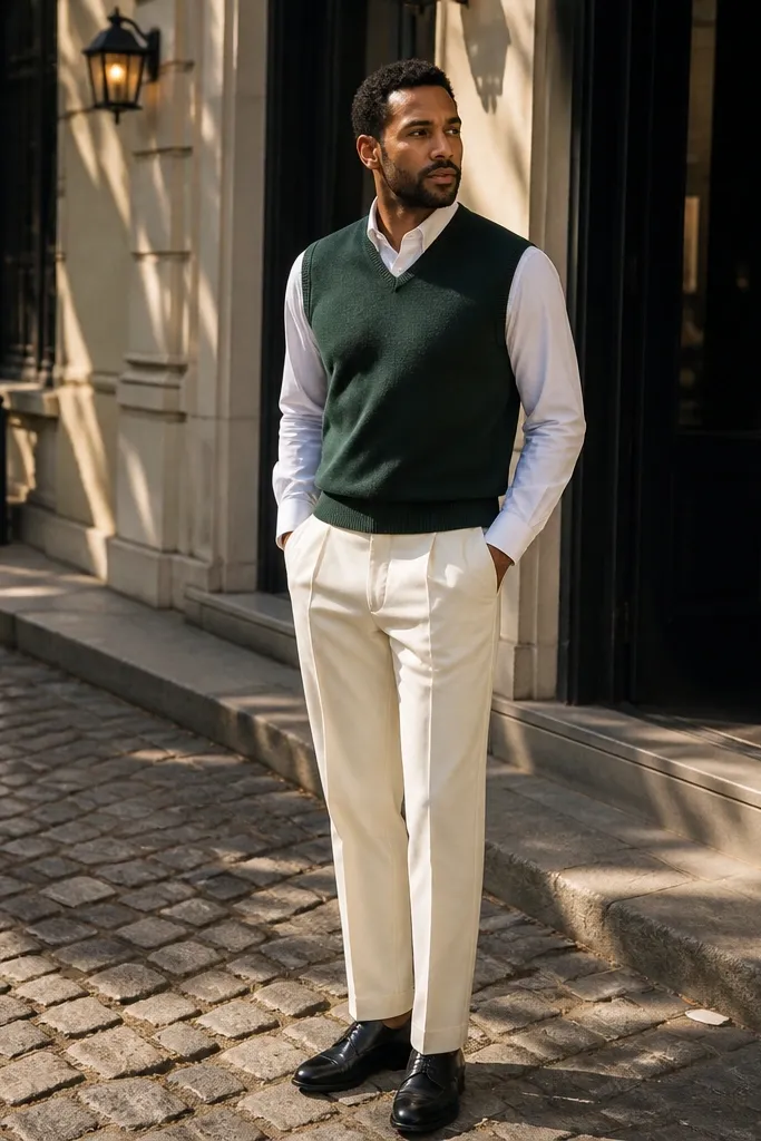 Deep green sweater vest over a white shirt with ivory trousers and tan loafers