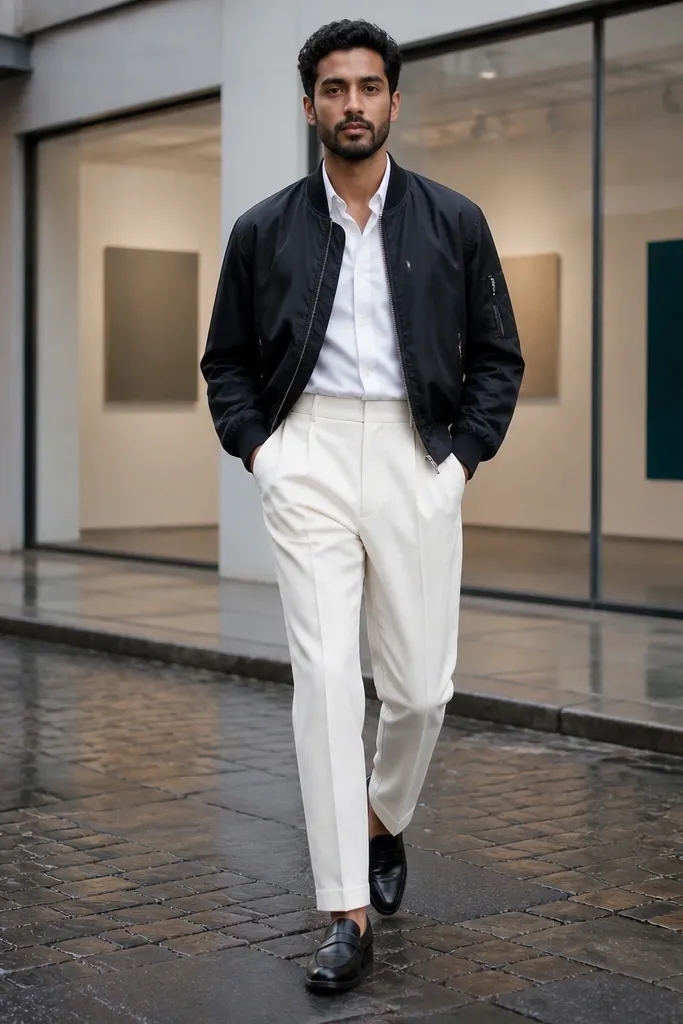 Black bomber jacket with white high-waist trousers and white sneakers