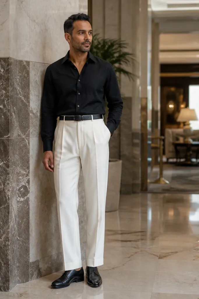 Black linen shirt tucked into white trousers with brown leather derby shoes