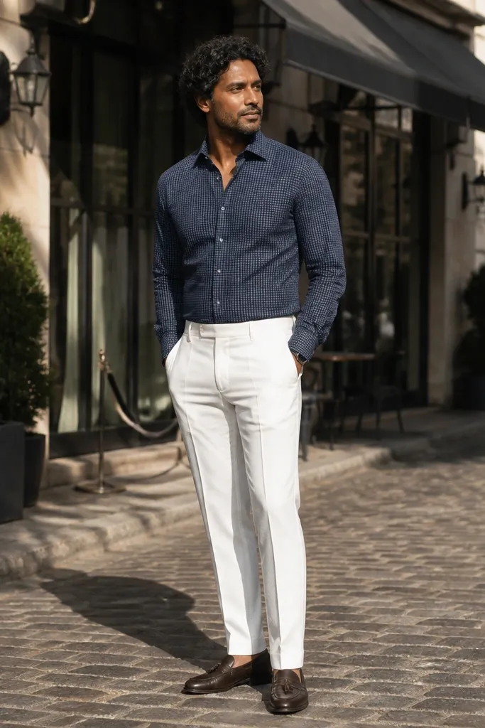 Navy patterned shirt with white wool trousers and dark brown loafers