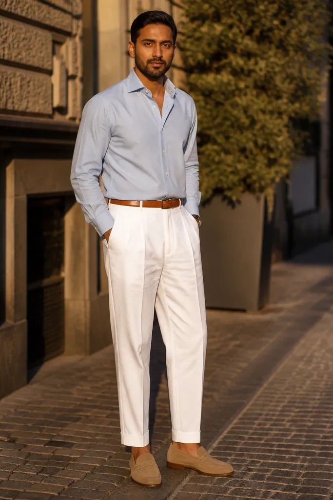 Light blue button-down with white pleated cropped trousers and tan loafers