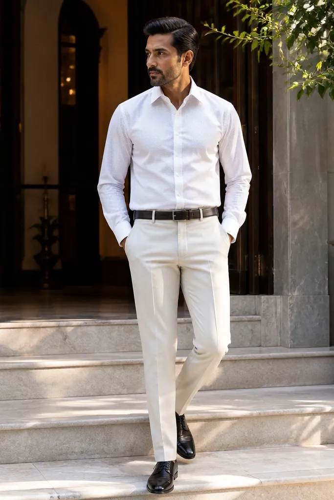 Textured white shirt with white tapered suit pants and black leather loafers