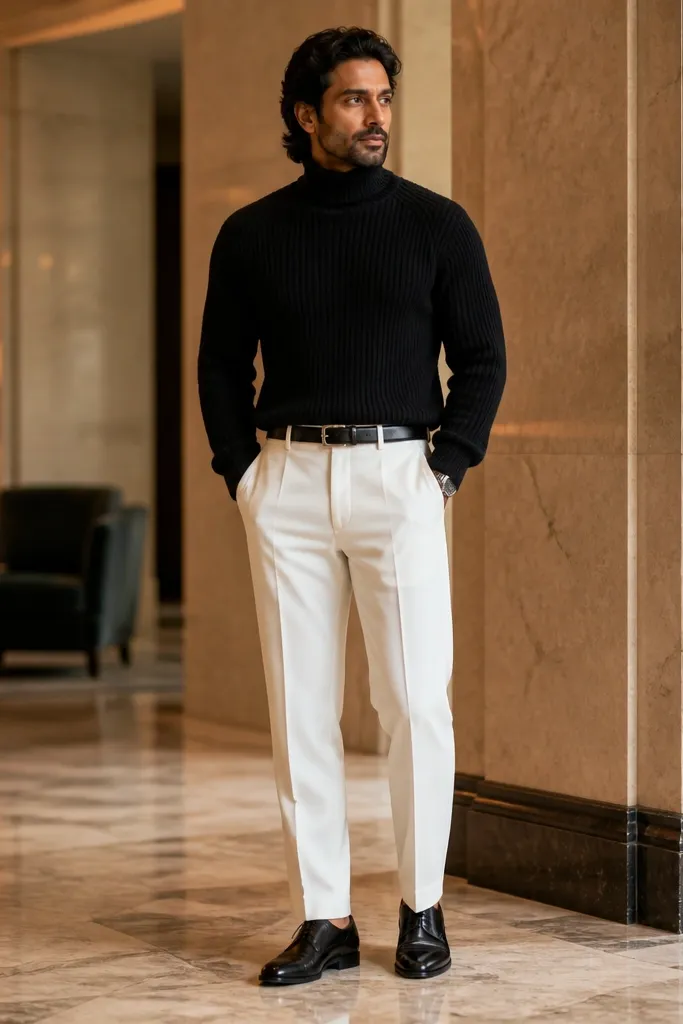Black turtleneck knit with white straight-leg trousers and black chelsea boots