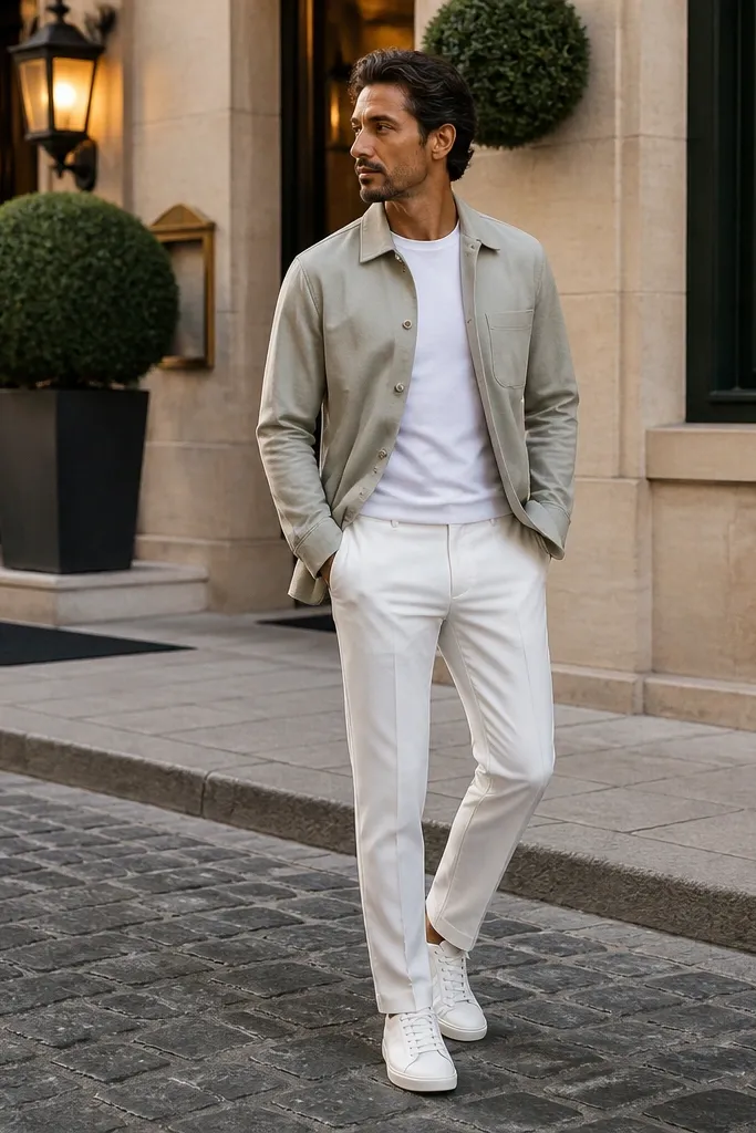 Stone overshirt over white tee with white suit pants and clean white sneakers