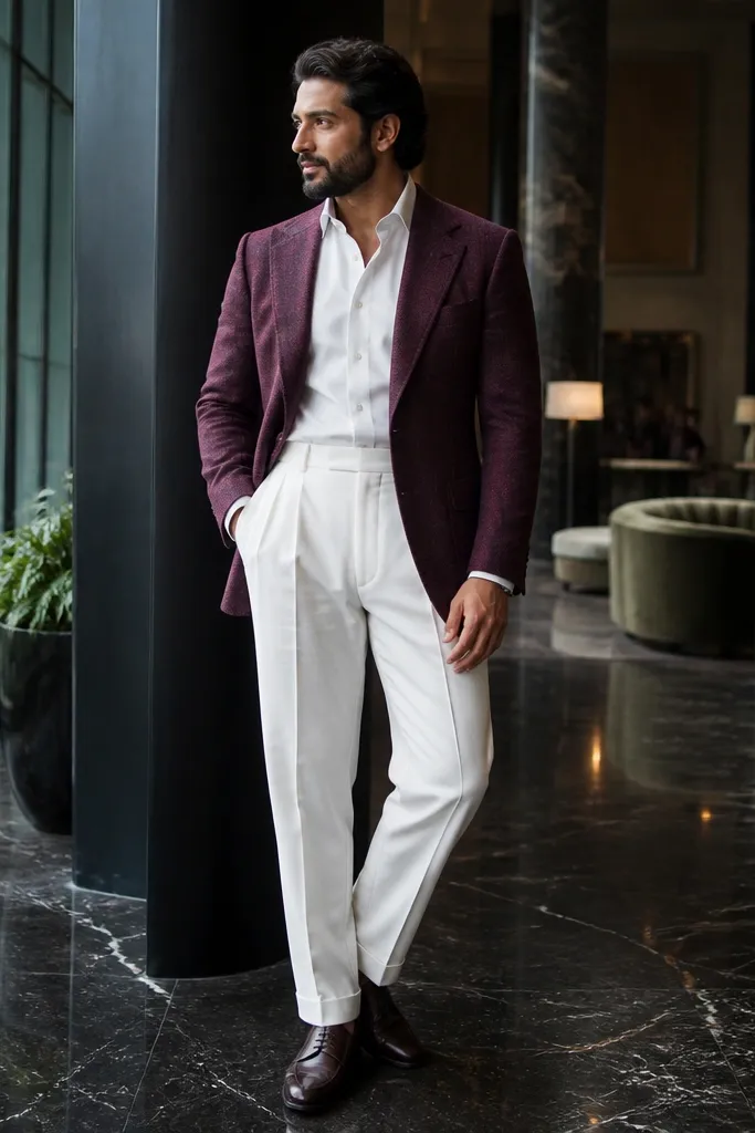 Burgundy sport coat with white pleated trousers and dark brown leather shoes