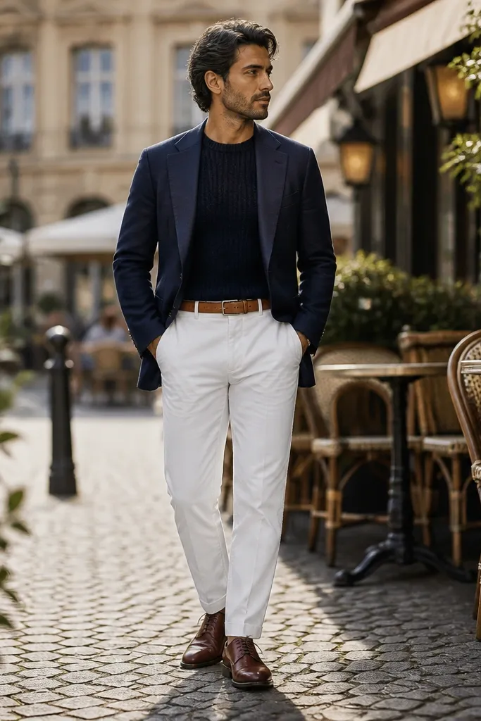 Navy crewneck sweater under a single-breasted blazer with white trousers and loafers