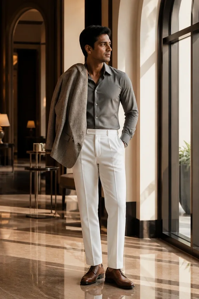 Grey flannel shirt tucked into white trousers with brown leather derbies