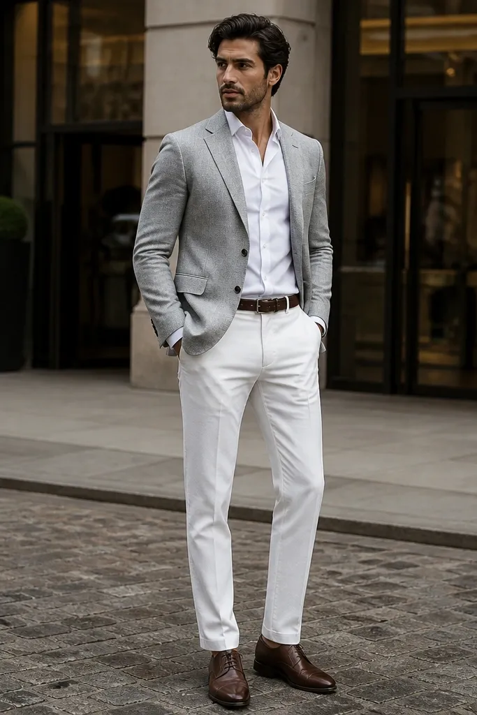 Light grey blazer with white tapered trousers and dark brown oxfords