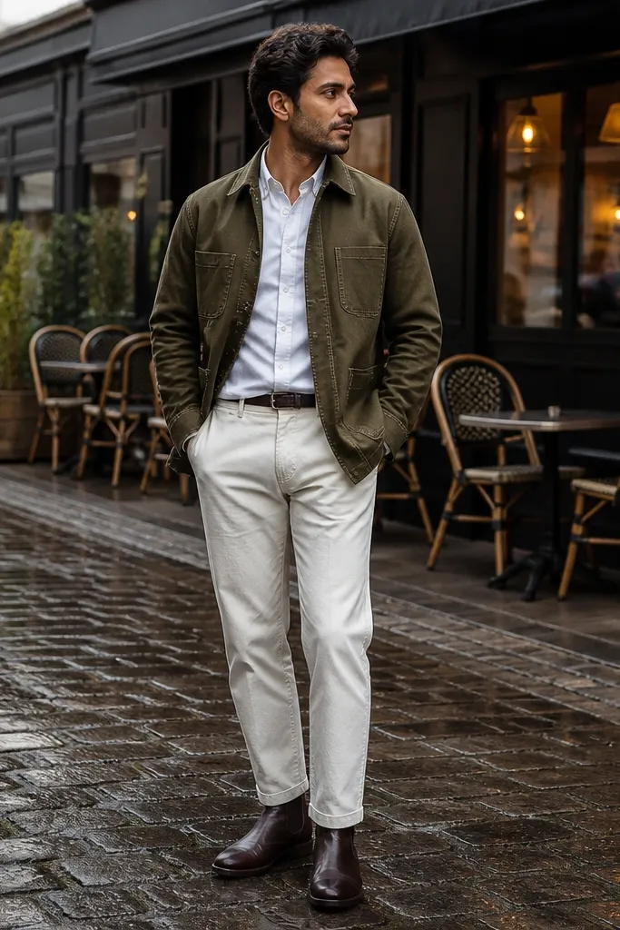 Olive overshirt over a white shirt with white chinos and tan boots