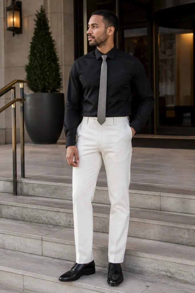 Black tucked-in dress shirt with white trousers and a grey knit tie