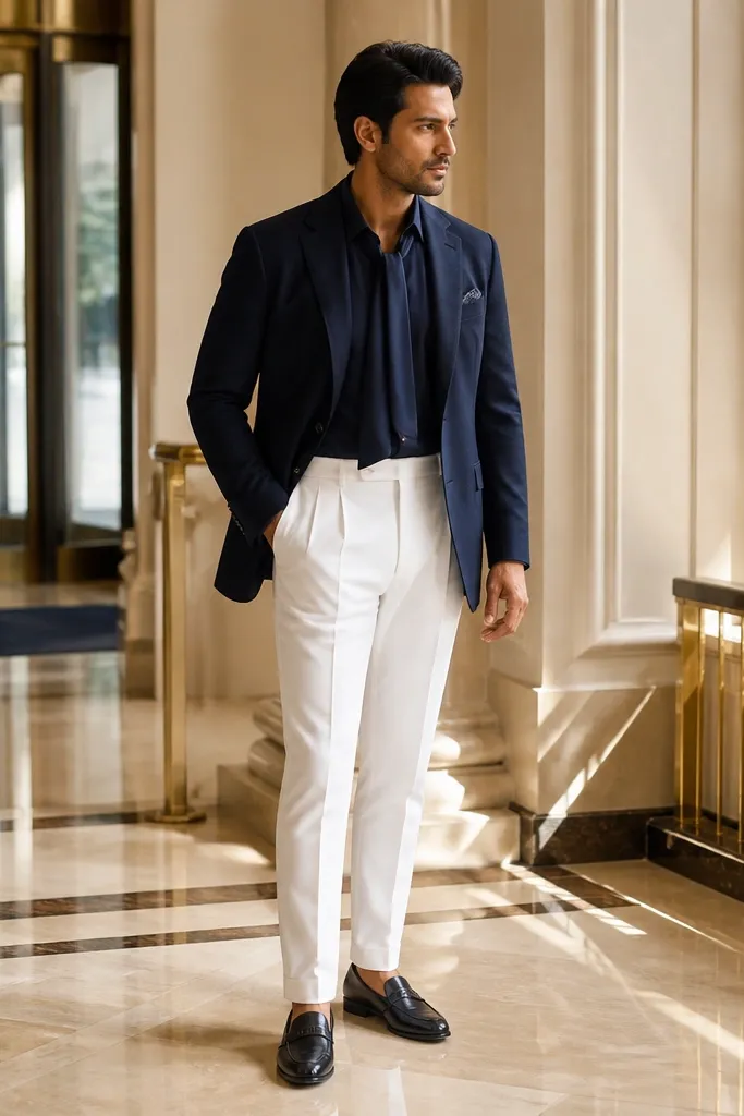 Navy blazer with white trousers and a shirt with a subtle navy tie detail
