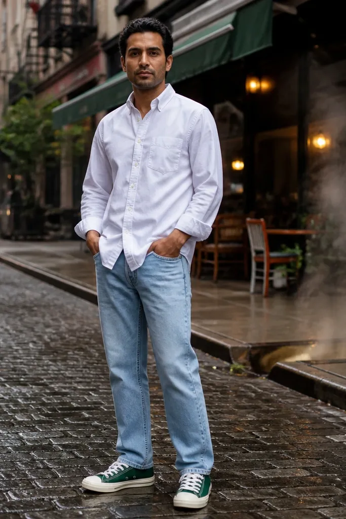 Forest green Converse with light straight jeans and a white button-down shirt