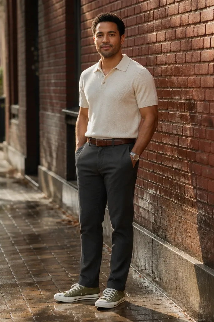 Olive Converse with charcoal tapered chinos and a cream knit polo