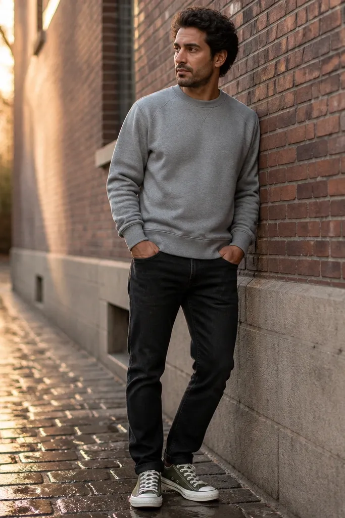 Moss green Converse with black slim jeans and a grey crewneck sweatshirt