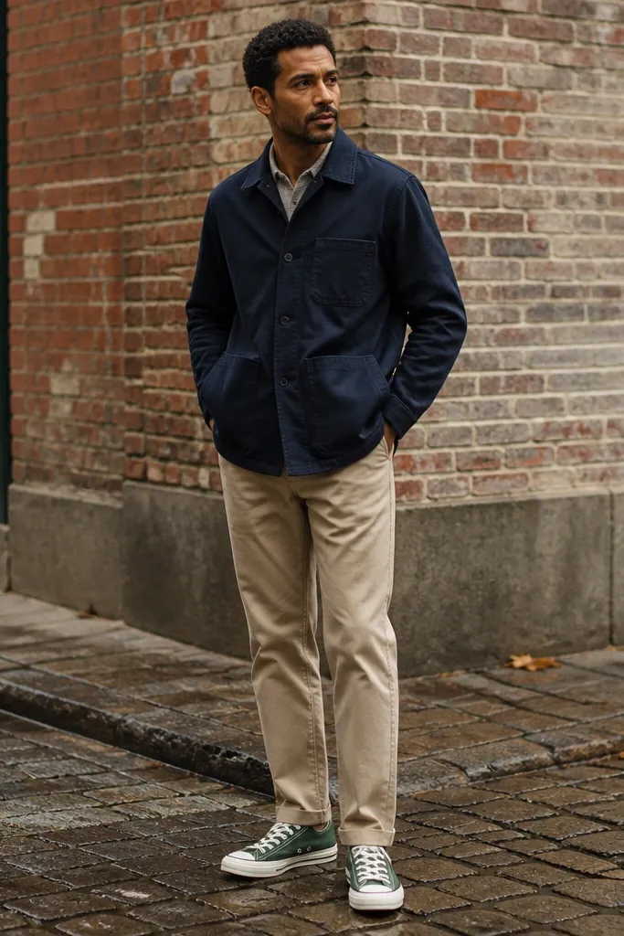 Forest green Converse with a navy chore jacket and beige chinos