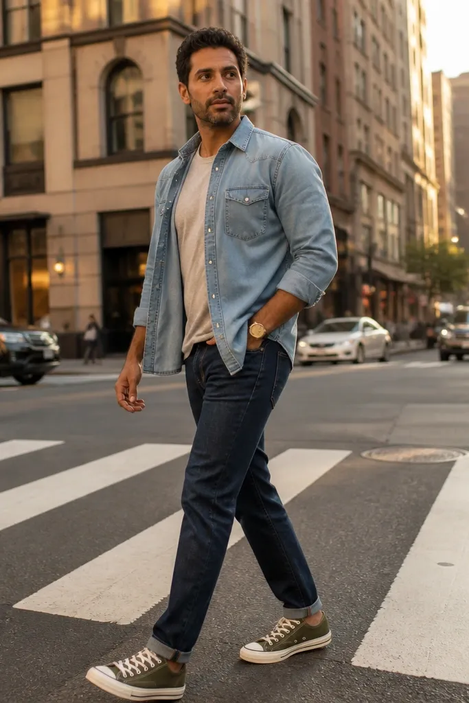 Olive Converse with dark indigo jeans and a light blue denim shirt