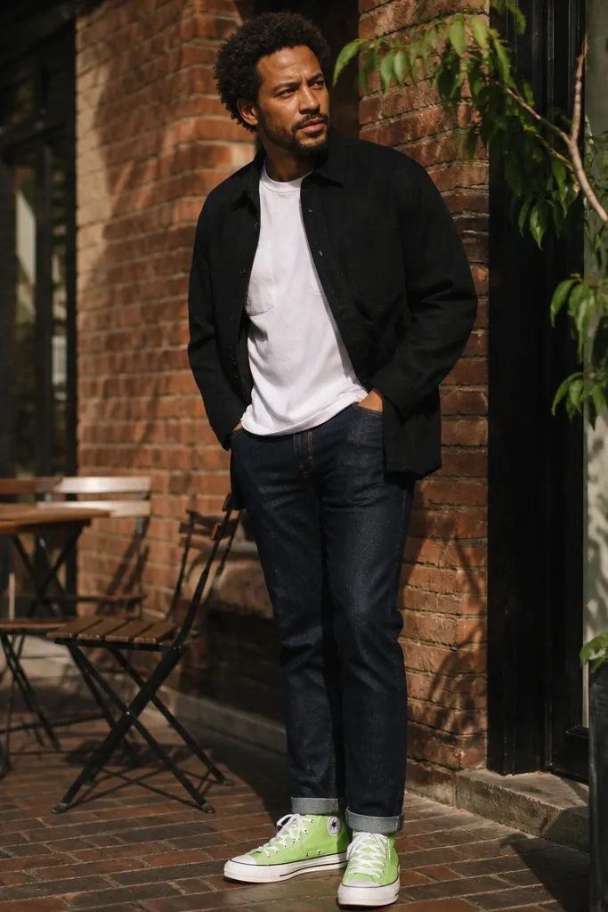 Bright green Converse with a black overshirt and a white pocket tee