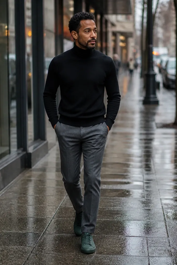 Forest green Converse with grey flannel trousers and a black turtleneck sweater