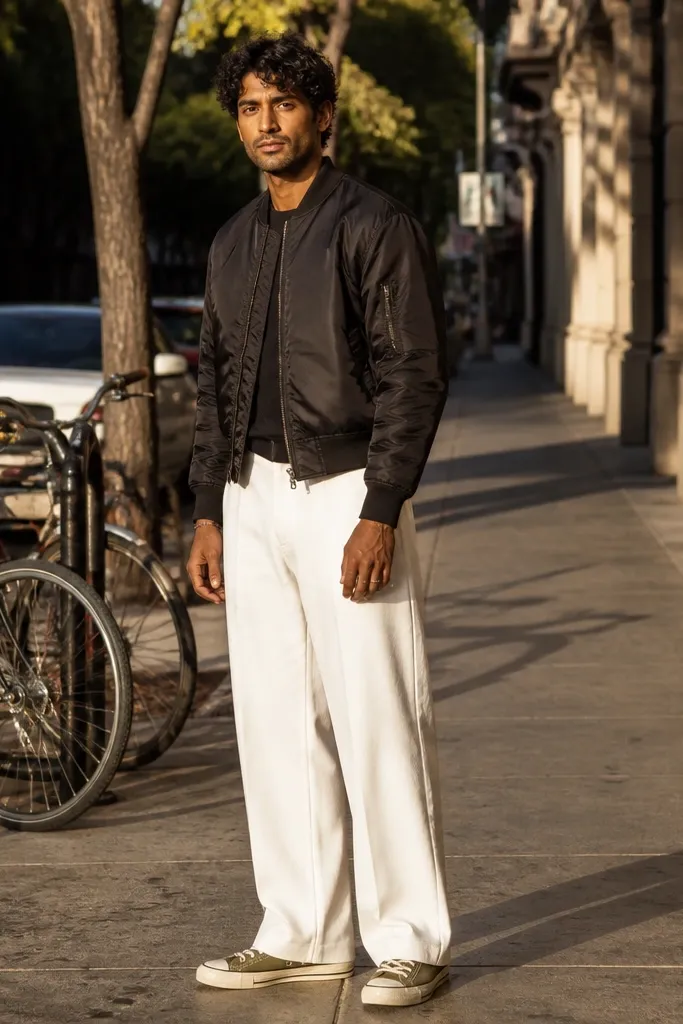 Olive Converse with white wide-leg trousers and a cropped black bomber jacket