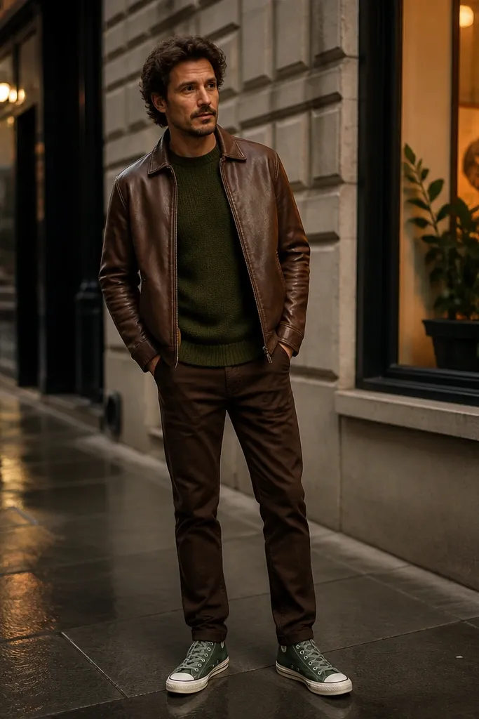 Dark green Converse with a brown leather jacket and dark brown chinos