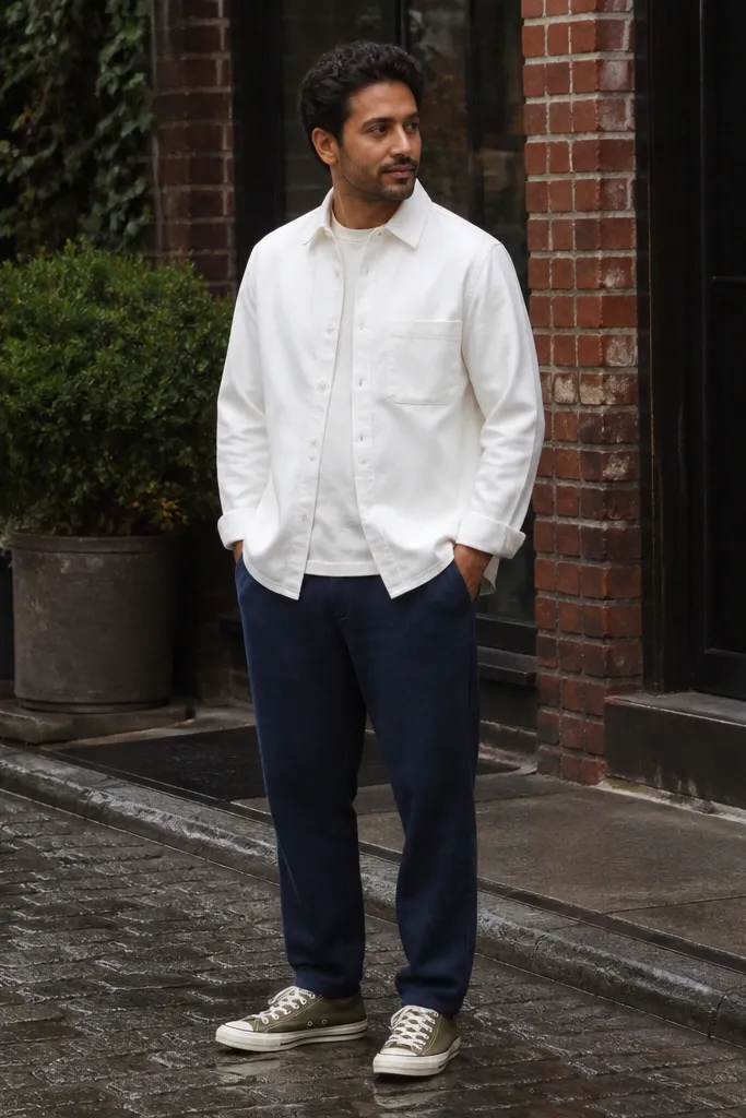 Olive Converse with navy sweatpants and a white overshirt
