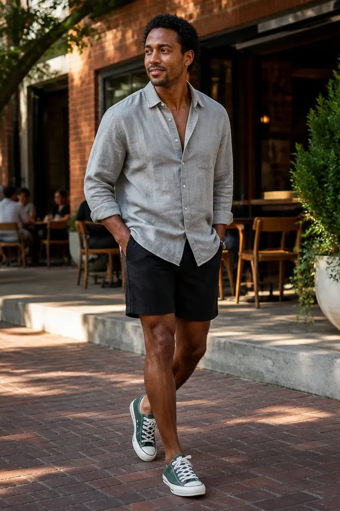 Forest green Converse with black shorts and a grey linen button-down shirt
