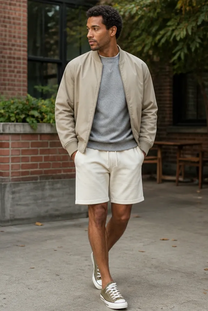 Olive Converse with cream sweat shorts and an oatmeal bomber jacket