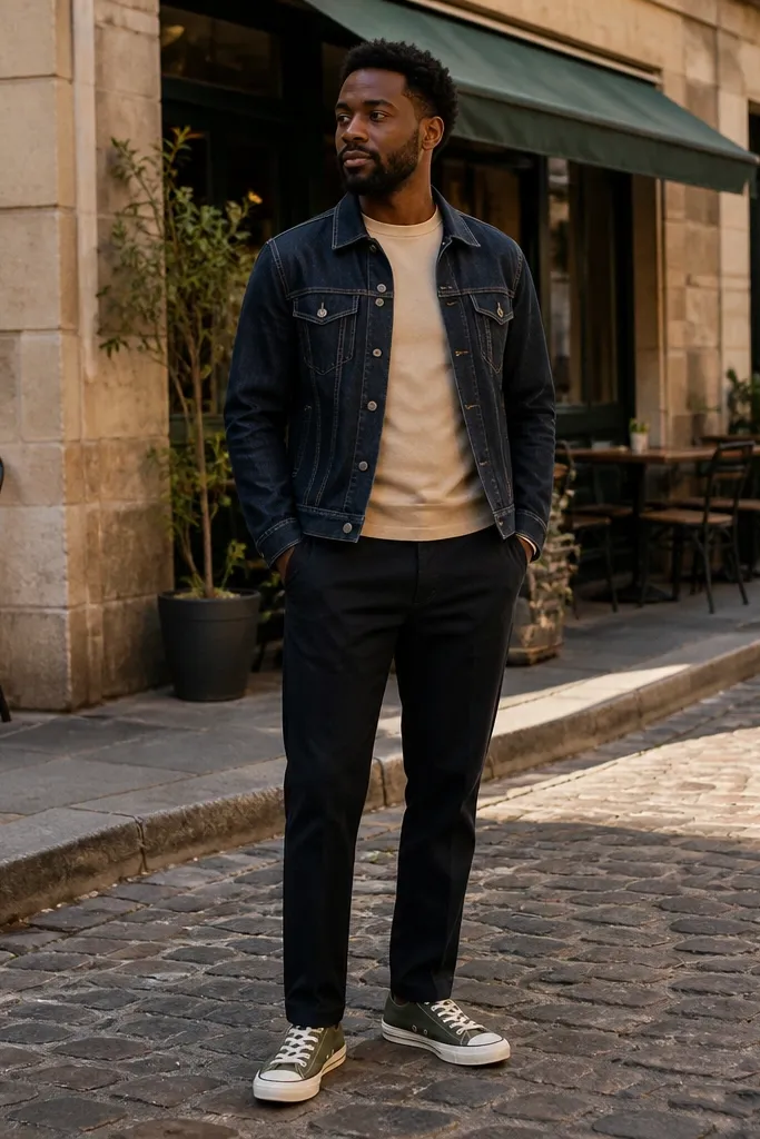 Moss green Converse with a navy denim jacket and beige t-shirt