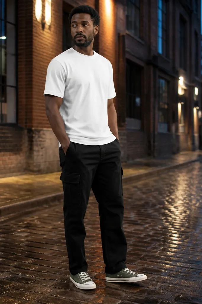 Forest green Converse with black cargo pants and a white heavyweight t-shirt