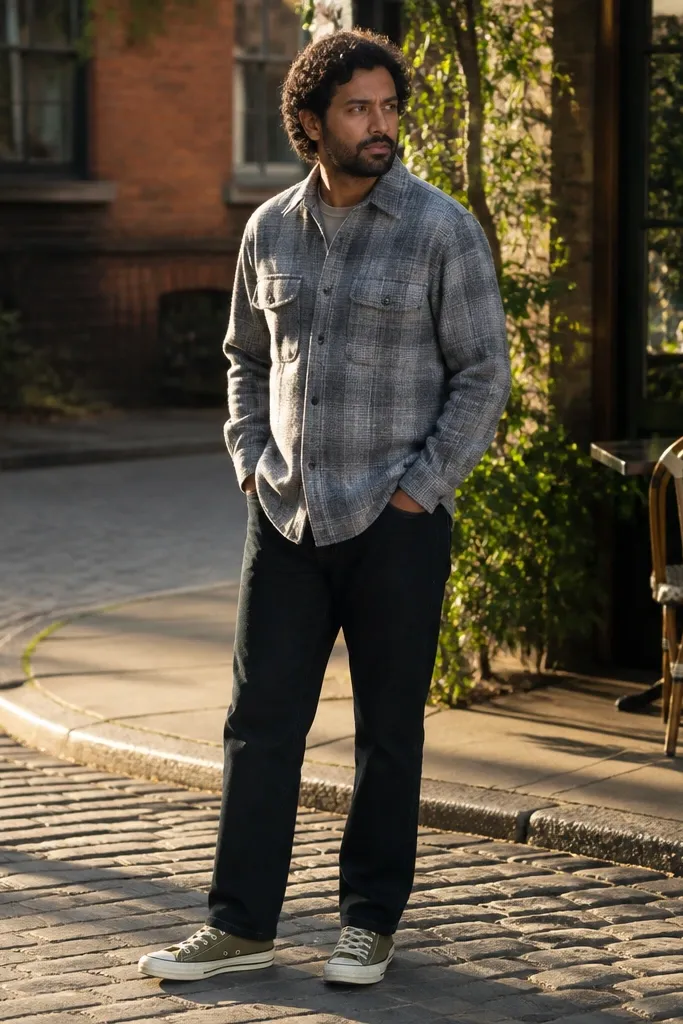 Olive Converse with a grey check overshirt and black jeans