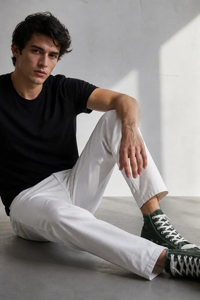Dark green Converse with white straight jeans and a black tank top