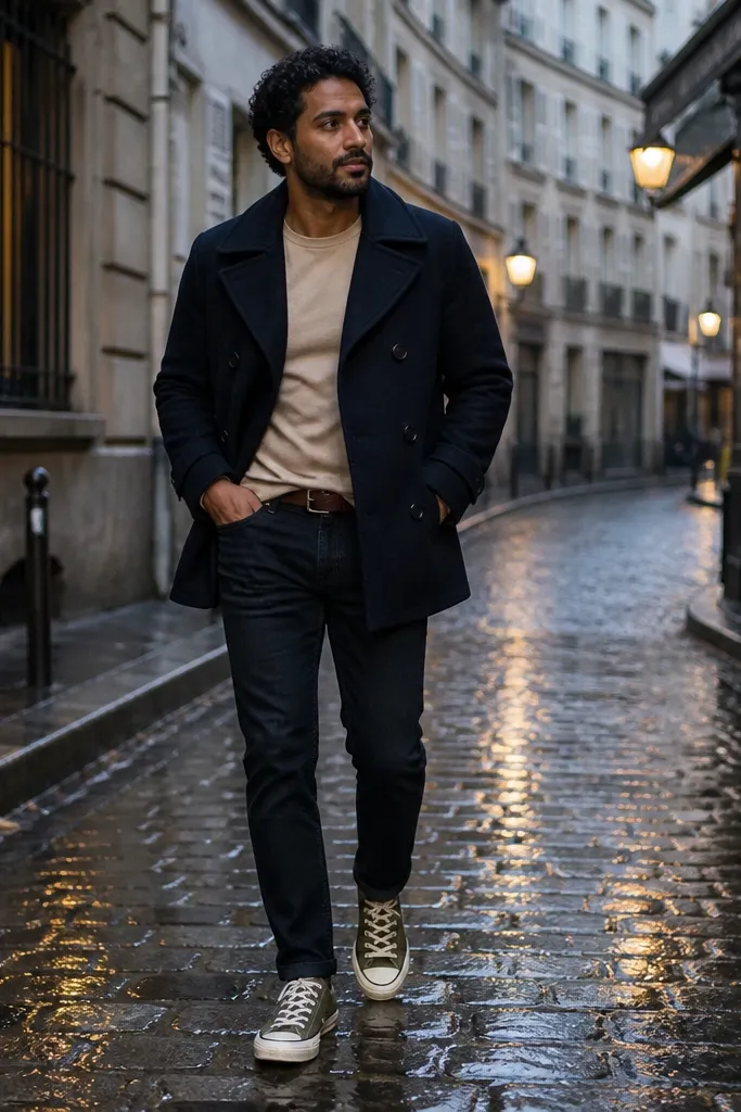 Olive Converse with a navy peacoat and a beige t-shirt